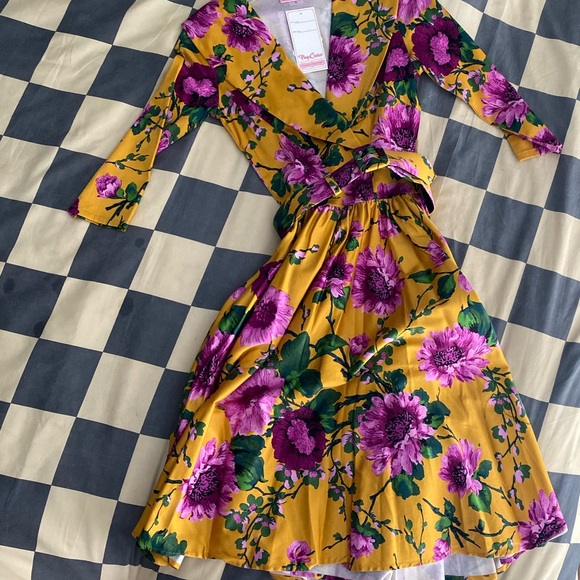 Pinup Couture Dresses & Skirts - Pinup Couture PUG Girl Clothing Small Floral Birdie Dress Mustard Purple Easter